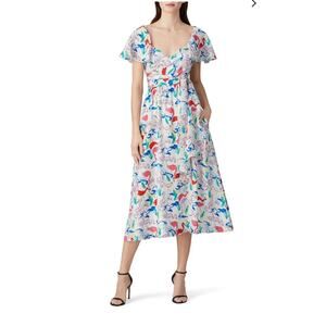 Tanya Taylor White Colorful Flamingo Wrap Bodice Teigan Silk Midi Dress 4